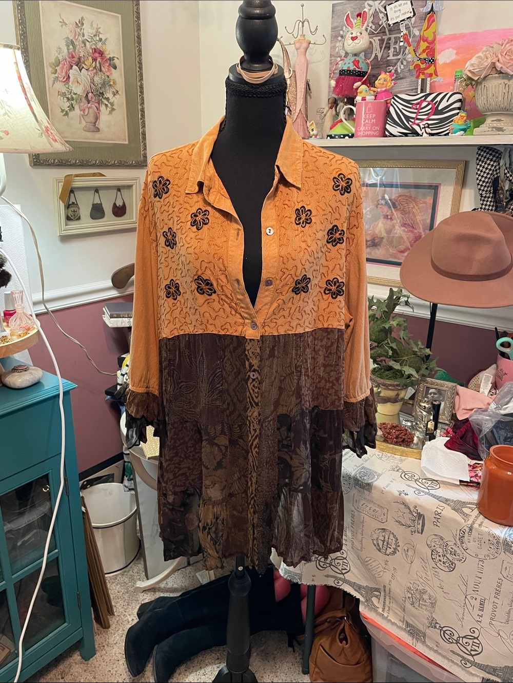 Embroidered Patchwork Button-Front Tunic in Mustard and Brown